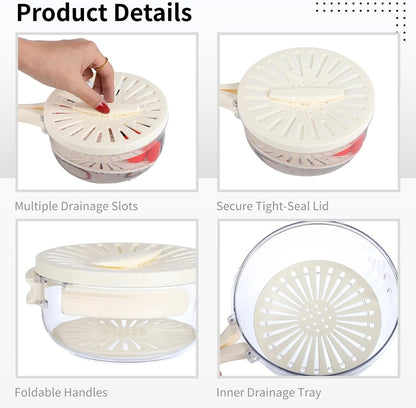 2 Pcs Fruit Washing Bowls, Multifunctional Veggie Colander with Foldable Handles, Fruit Strainer and Storage Bowl with Lid, Food Storage Container for Fridge or Outdoor Picnic