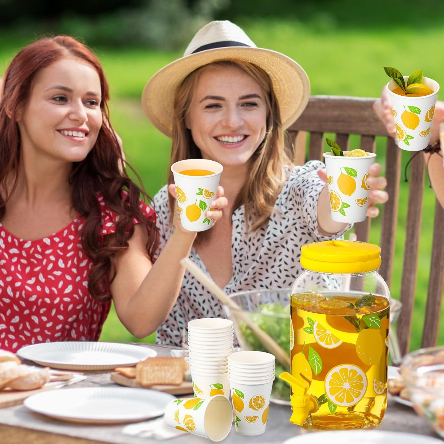 Umigy Tree Clear Plastic Drink Dispenser with 20 Pcs 12 oz Tropical Paper Cups 1 Gallon Kitchen Fridge Beverage Dispenser Plastic Water Dispenser with Spigot for Juice Tea Beer(Orange)