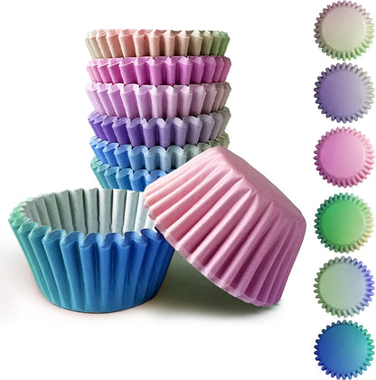 qiqee 300PCS Mini Gradient Cupcake Liners Cupcake Cups 6 Designs Blue Gradient Cupcake Papers Baking Cups Cupcake Wrappers (Small Size)
