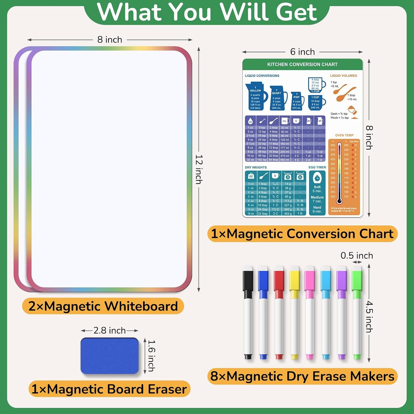 2-Pack Magnetic Dry Erase Board for Fridge, 12" x 8" Refrigerator Whiteboard, Reusable Blank Notepad with Kitchen Conversion Chart, 8 Markers & 1 Eraser,Organization Planner for Home and Kitchen