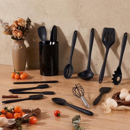 LIANYU 14 Pcs Silicone Kitchen Utensils Set with Holder, 446°F Heat Resistant Silicone Cooking Kitchen Utensils Spatula Set, Non-Stick & Dishwasher Safe Cooking Tools, Comfort Grip Handle, Black