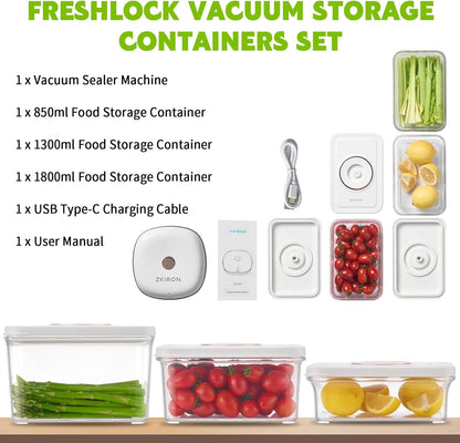One-Touch Electric Vacuum Seal Food Storage Containers Set of 3 - Automatic Sealer Machine with Airtight Meal Prep Containers - BPA-Free & Stackable for Vegetables, Meat, Fruits (White)