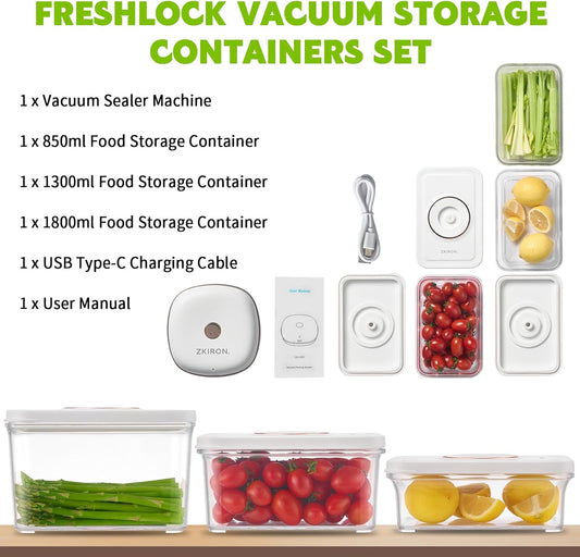 One-Touch Electric Vacuum Seal Food Storage Containers Set of 3 - Automatic Sealer Machine with Airtight Meal Prep Containers - BPA-Free & Stackable for Vegetables, Meat, Fruits (White)