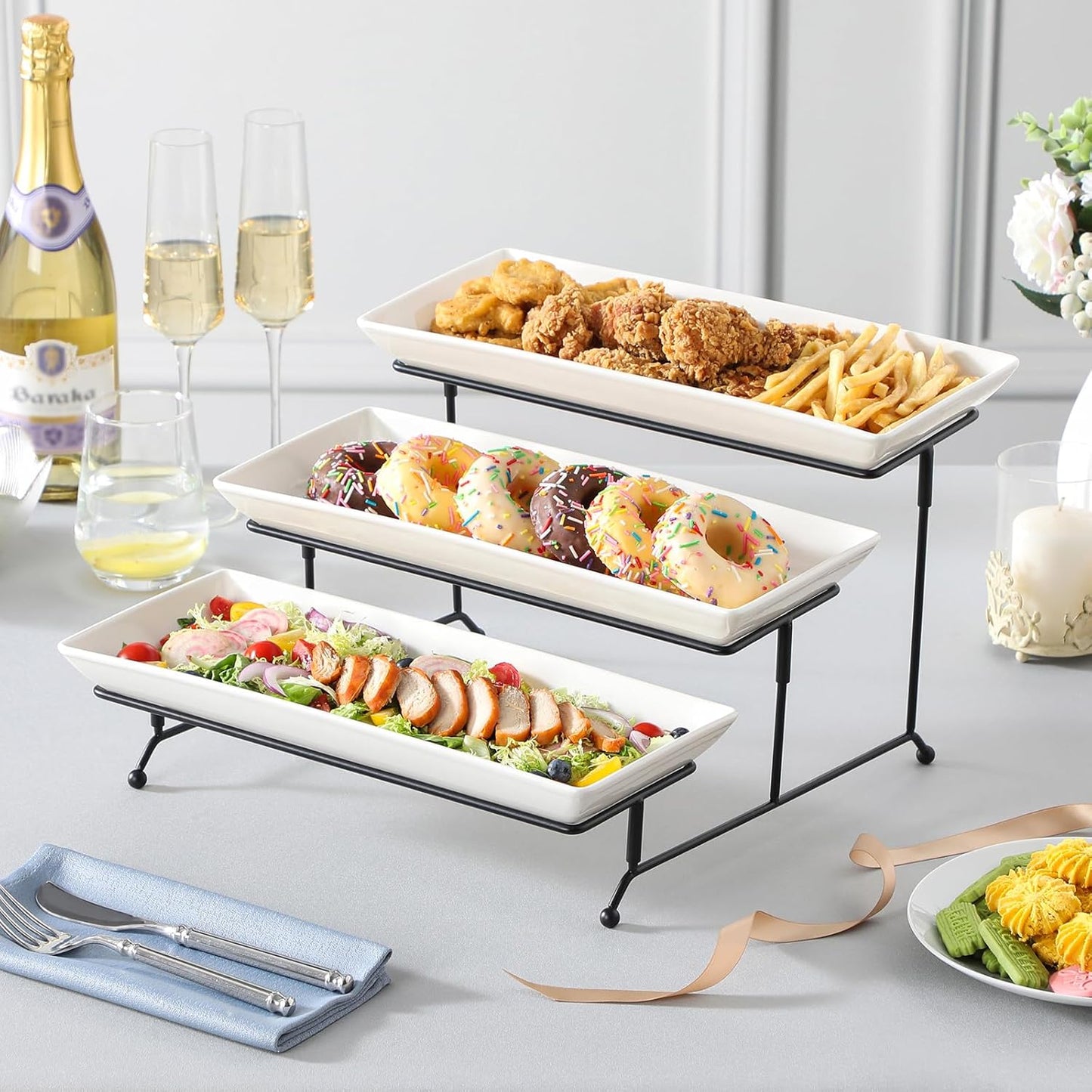 MALACASA 3 Tier Serving Trays for Party, Porcelain Serving Platters and Trays, 12 Inch Tiered Tray Stand, Fruit Tray, Trays for Serving Food, White Dessert Stand with Collapsible Sturdier Metal Rack