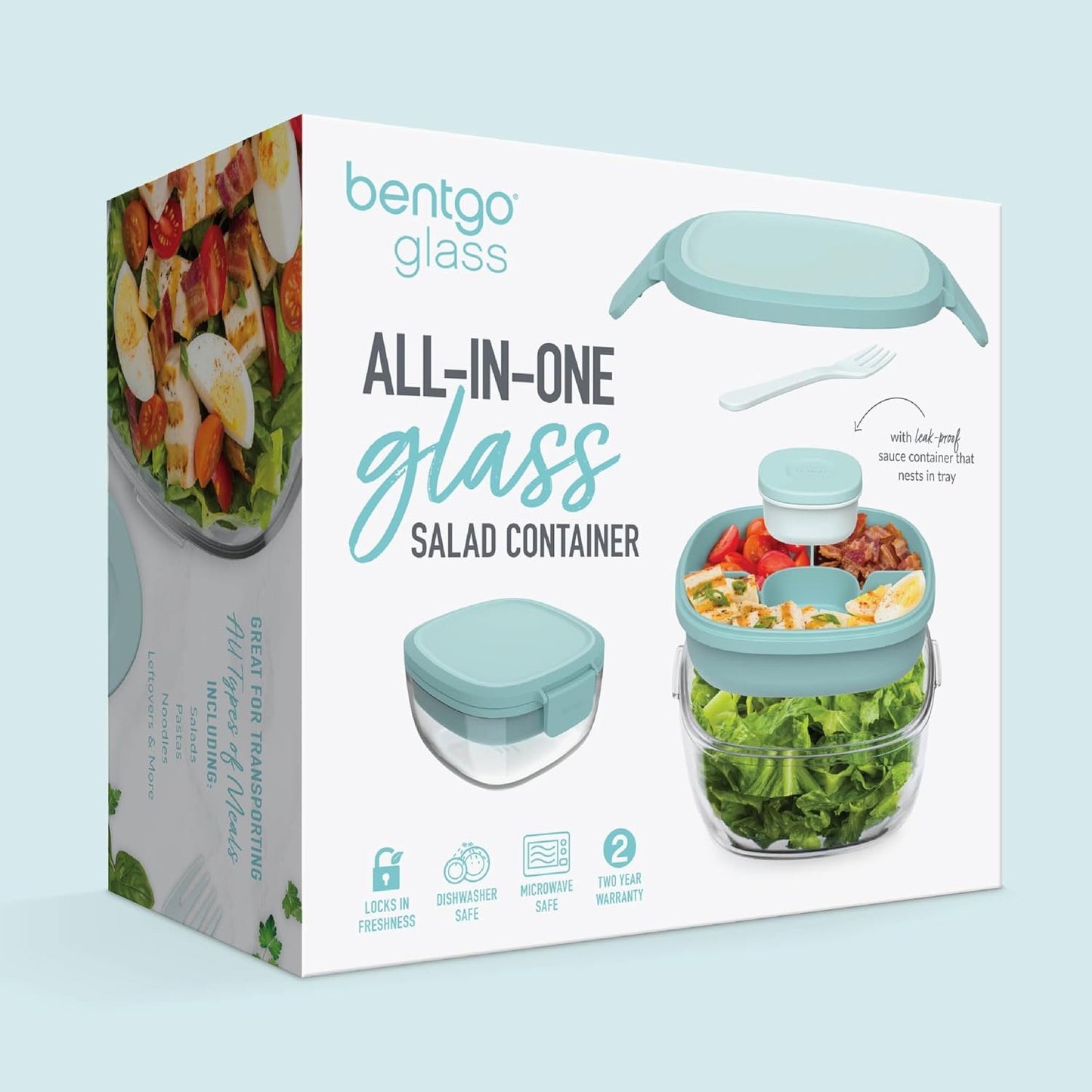 Bentgo Glass Salad Container - 7.6-Cup Salad Bowl with Airtight Lid, Leak-Proof Sauce Container, 4-Compartment Bento Tray & Reusable Fork - BPA-Free for Meal Prep, Office & More (Light Blue)