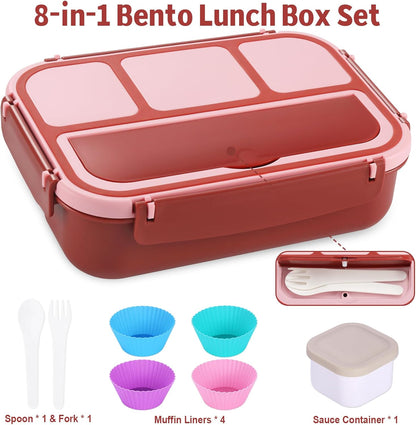 Bento Box Adult Lunch Box, Lunch Containers for Kids Girls Boys with 4 Compartments, Lunchable Food Container with Utensils, Sauce Jar, Muffin Liners, 40 Oz/5 Cup, Microwave Safe, Lavender