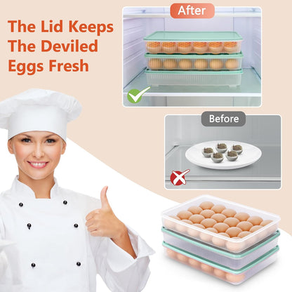 3 Pack Deviled Egg Containers with Lid and 8 Pcs Deviled Egg Injector Piping Tool, Egg Organizer for Refrigerator, Fridge Stackable Countertop Portable Egg Platter (pink,blue,green)