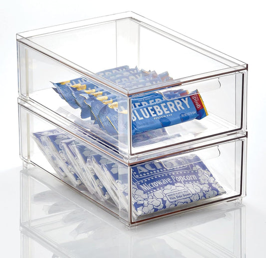 mDesign Kitchen Storage Drawer Box – Plastic Storage Box with Pull-Out Drawer – Pantry, Fridge and Cupboard Storage for Food and Snacks – Pack of 2 – Clear
