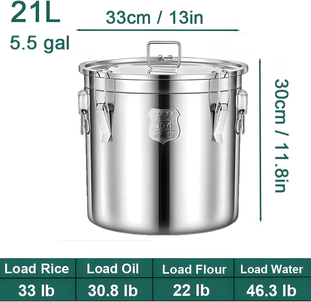3.2Gal 304 Stainless Steel Kitchen Airtight Canister, 405oz Flour Container with Lid and Locking Clamp,10-21Lbs Metal Bucket Food Storage Container for Rice Flour Grain Coffee Bean(12L)