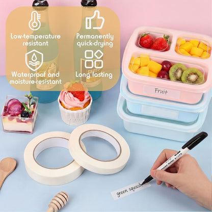 2 Kitchen Freezer Labeling Tapes with 1 Marker Pen, 0.47" x 54 yd Narrow Roll & 0.95" x 54 yd Wide Roll, Waterproof Low Temperature Freezer Marking Tape for Glass Bottle, Storage Container