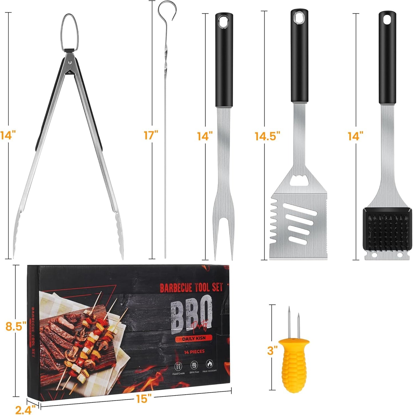 Grill Accessories Kit, Grill Tool Set with 4-in-1 BBQ Spatula, Fork, Tongs, Cleaner Brush, Skewers, Silicone Corn Holders, Silicone Brush, Grilling Gift Set for Men and Women