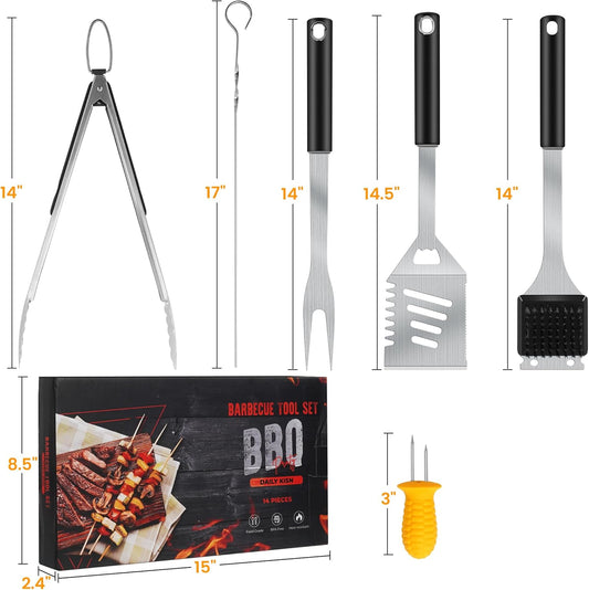 Grill Accessories Kit, Grill Tool Set with 4-in-1 BBQ Spatula, Fork, Tongs, Cleaner Brush, Skewers, Silicone Corn Holders, Silicone Brush, Grilling Gift Set for Men and Women