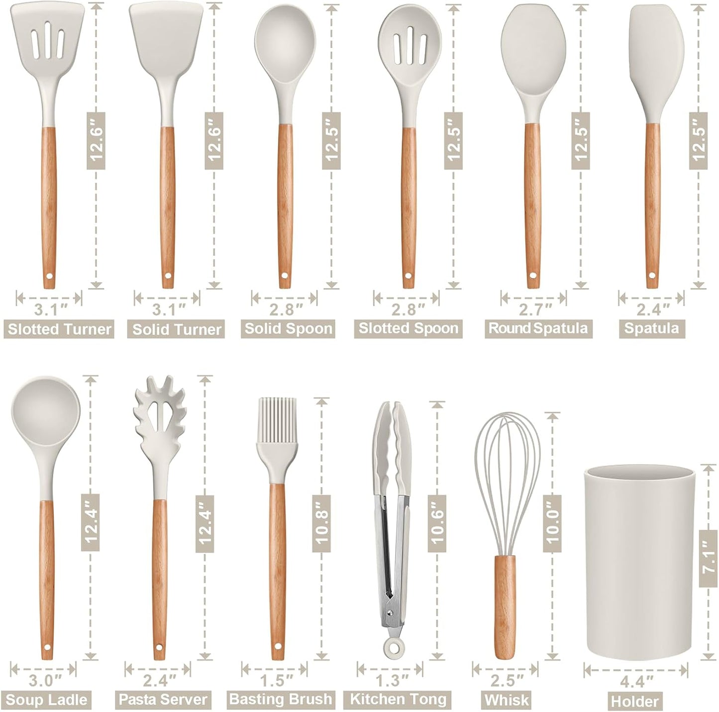 P&P CHEF Silicone Cooking Utensils Set, 12PCS Kitchen Utensils Set with Wooden Handle for Nonstick Cookware, Ladle, Spoon, Spatula, Tong, Heat-resistant & Non-scratch, Non Smell & Healthy, Khaki
