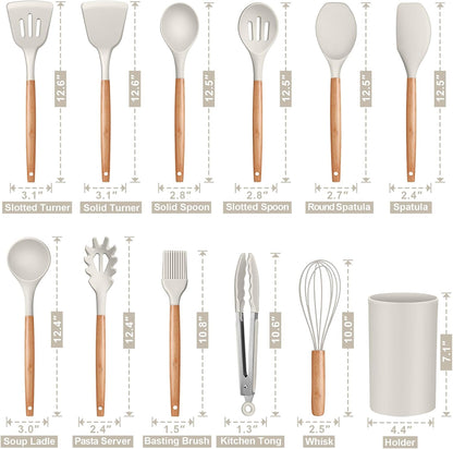 P&P CHEF Silicone Cooking Utensils Set, 12PCS Kitchen Utensils Set with Wooden Handle for Nonstick Cookware, Ladle, Spoon, Spatula, Tong, Heat-resistant & Non-scratch, Non Smell & Healthy, Khaki