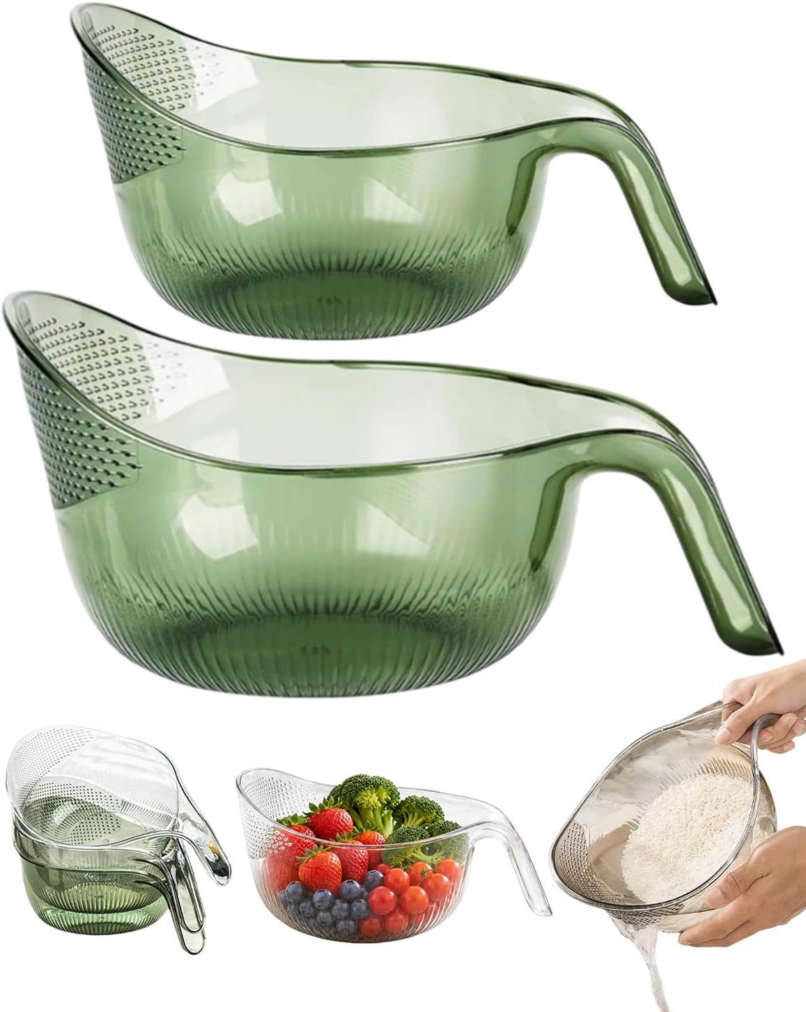 Multipurpose Rice Washing Bowl Strainer with Handle，Transparent：Small+Large