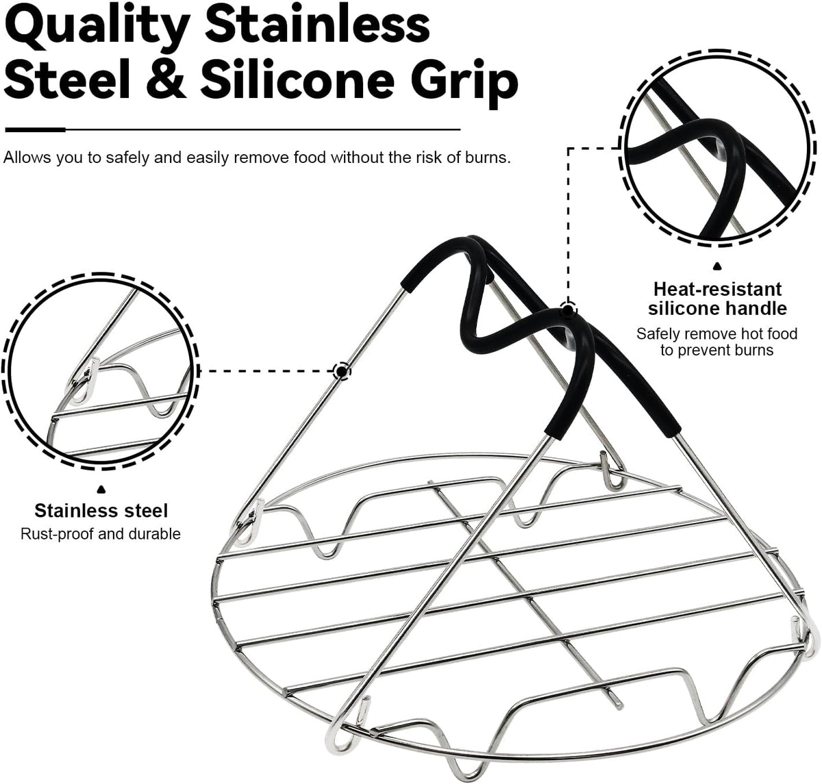 Trivet Compatible with Instant Pot 6 & 8 Qt Pressure Cookers, Steamer Rack with Silicone Handles, Stainless Steel Elevated Cooking Rack for Eggs, Veggies & Meat