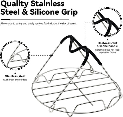 Trivet Compatible with Instant Pot 6 & 8 Qt Pressure Cookers, Steamer Rack with Silicone Handles, Stainless Steel Elevated Cooking Rack for Eggs, Veggies & Meat