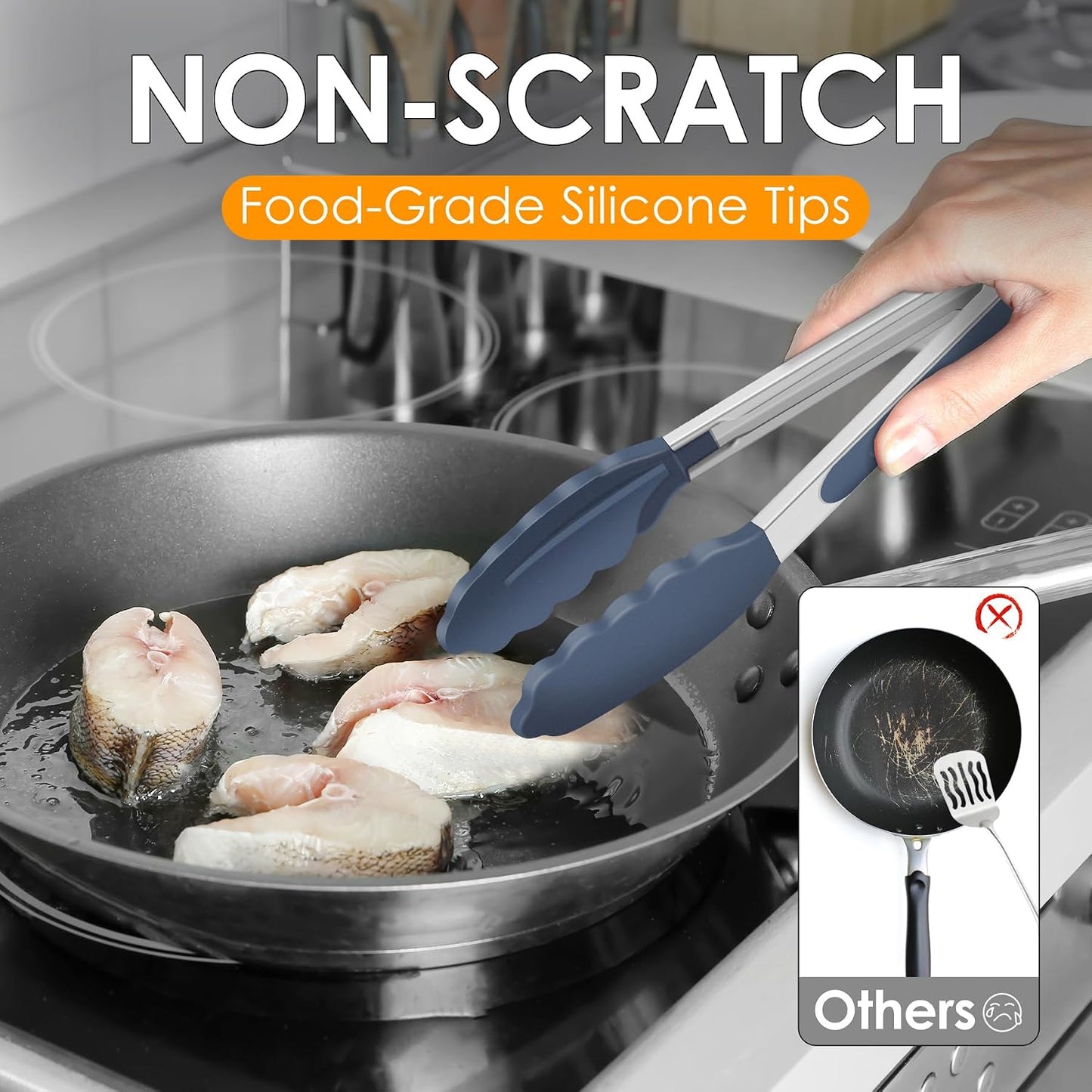 HOTEC Premium Stainless Steel Locking Kitchen Tongs with Silicon Tips, Set of 2-9" and 12"