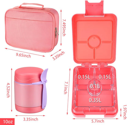 Bento Lunch Box Set for Kids with 10oz Soup Thermo, Leak-Proof Lunch Containers with 4 Compartment, Kids Thermo Hot Food Jar and Insulated Lunch Bag for Kid to School,BPA-Free(Dragon)