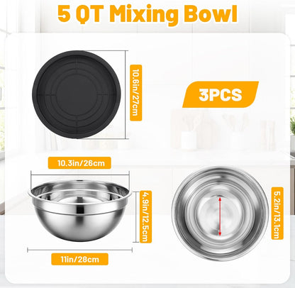 Beasea Stainless Steel Mixing Bowls, 5 Pack 1.5 QT Stackable Nesting Mixing Bowls with Airtight Lids, Metal Bowl with Lid for Baking, Meal Prepping, Salad, Serving, Food Storing