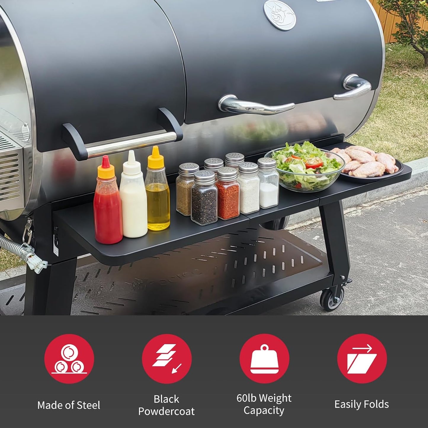 Upgraded Grill Table for Weber Kettle 22"/18"/26", Master Touch 22", Smokey Mountain, Recteq Pellet Grill RT-B380, Prep Station with Cutting Board, Basin, 4 Hooks, Shelf for Weber Kettle Accessories