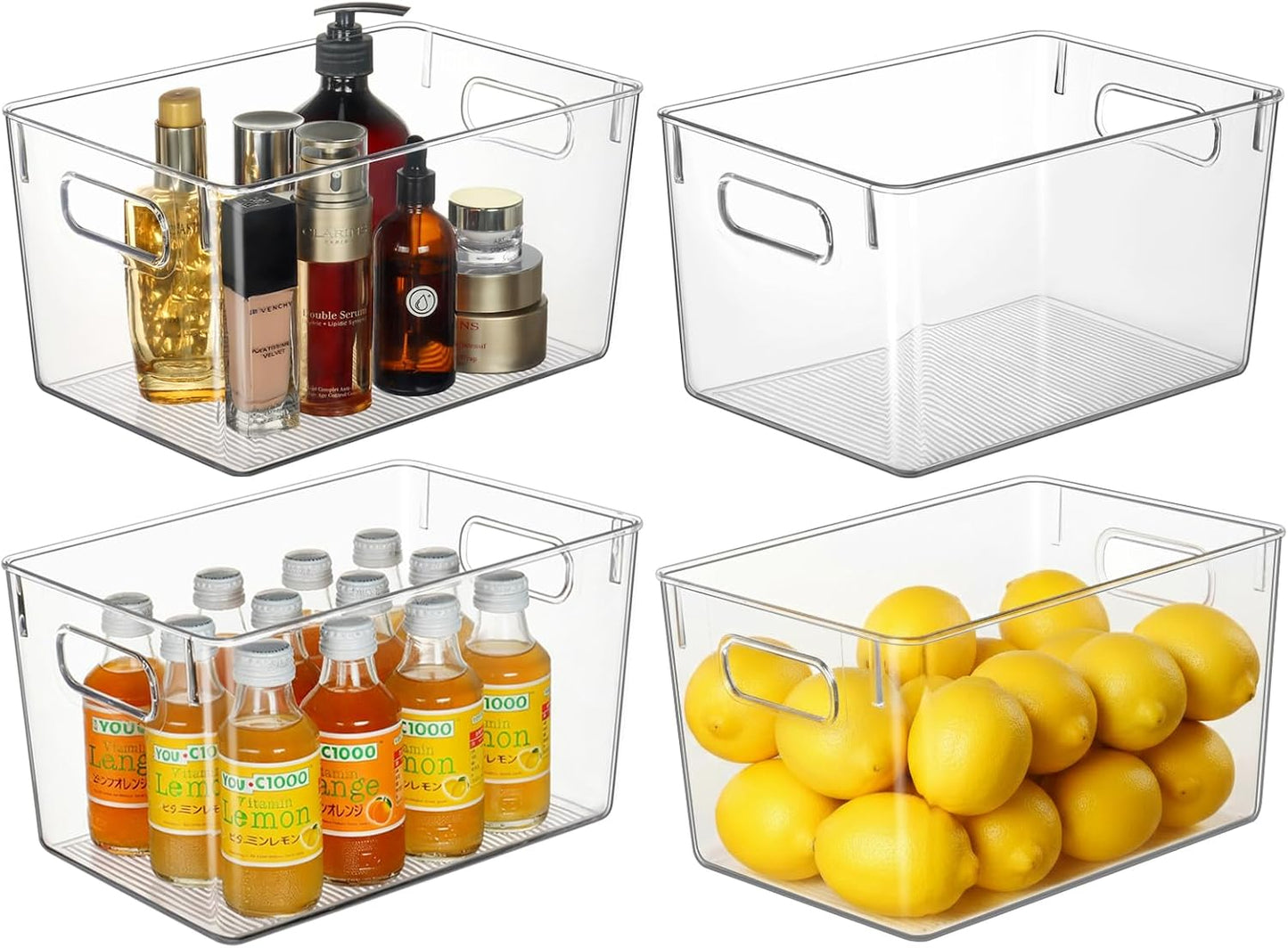 Hudgan 4 Packs Refrigerator Organizers and Storage, 4 Small Stackable Clear Plastic Bins for Pantry Organizer, Home Edit, Kitchen Cabinet, Fridge, Bathroom, Office, Drawer