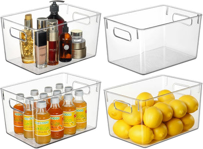 Hudgan 4 Packs Refrigerator Organizers and Storage, 4 Small Stackable Clear Plastic Bins for Pantry Organizer, Home Edit, Kitchen Cabinet, Fridge, Bathroom, Office, Drawer