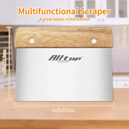 ALLTOP Dough Cutter – Premium Stainless Steel Food Scraper for Bread and Pastry – Bench Scraper with Ergonomic Wooden Handle – Multipurpose Kitchen Tool