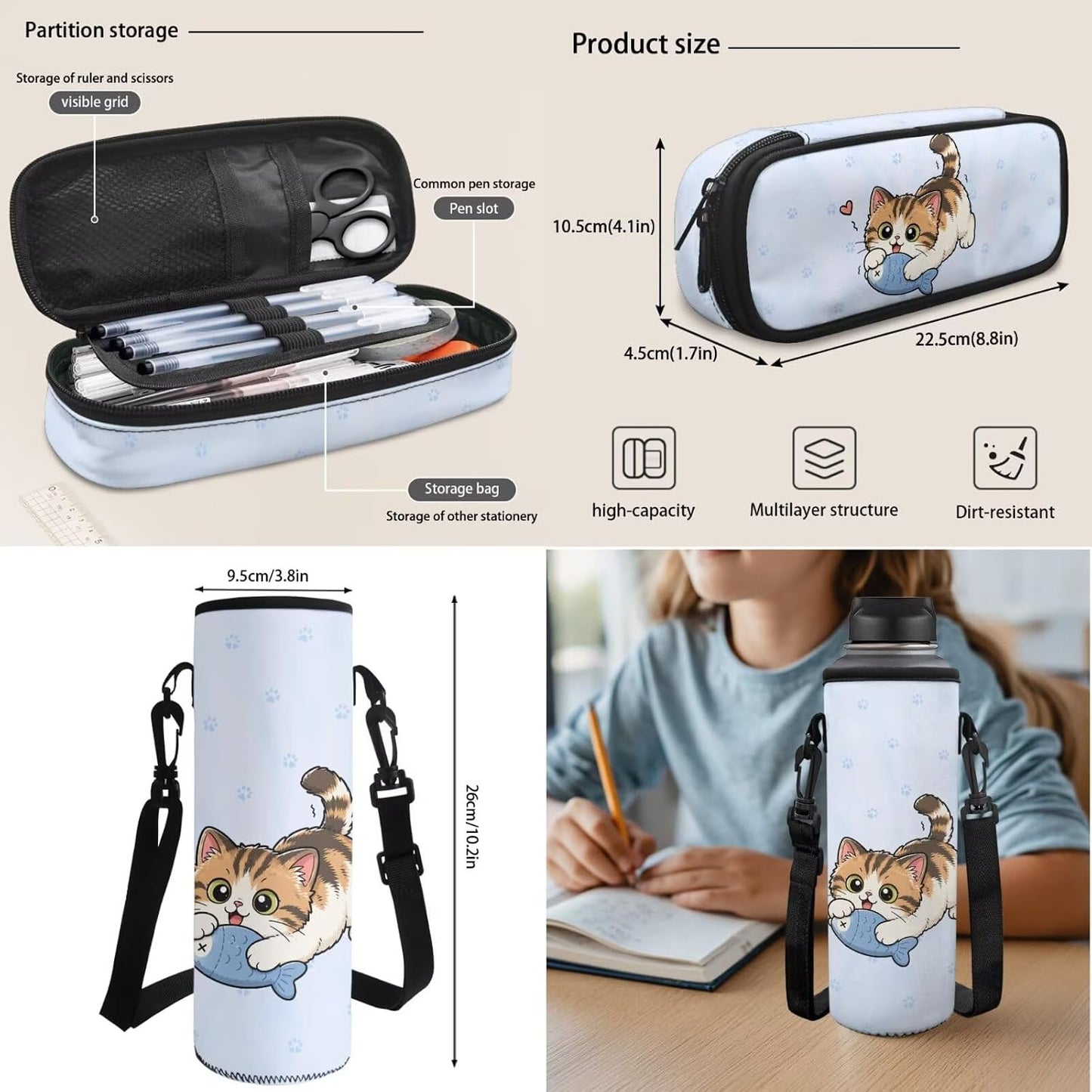 Highland Cow Backpack with Lunch Box Set for Kids Sunflower School Backpack for Girls Boys Back to School Bag Student Travel Backpacks Reusable Utensils Pen Case Water Bottle Bag 5PCS