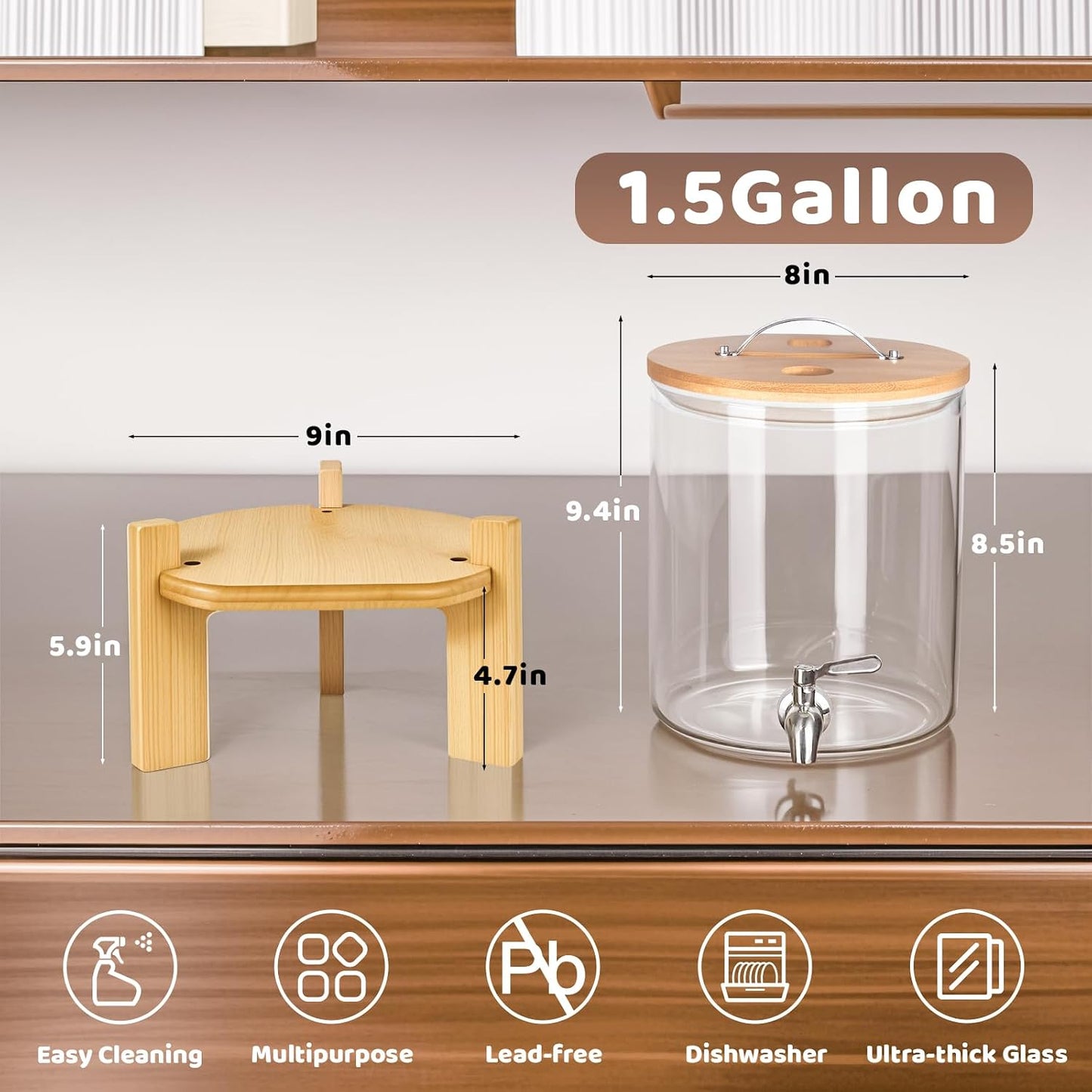 Beverage Dispenser 2.1 Gallon, Glass Drink Dispenser with Stand, Drink Dispensers for Parties, Beverage Dispenser with Wood Stand, Stainless Steel Spigot, for Parties,Bars,Restaurants (2.1 Gallons)