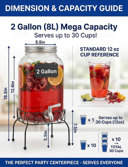 2 Gallon Glass Drink Dispenser with Stand, Ice Cylinder,Stainless Steel Leakproof Spigot and Lid,Glass Beverage Dispenser for Parties,Mason Jar Drink Dispenser for Juice,Sun Tea,Water,Lemonade & More