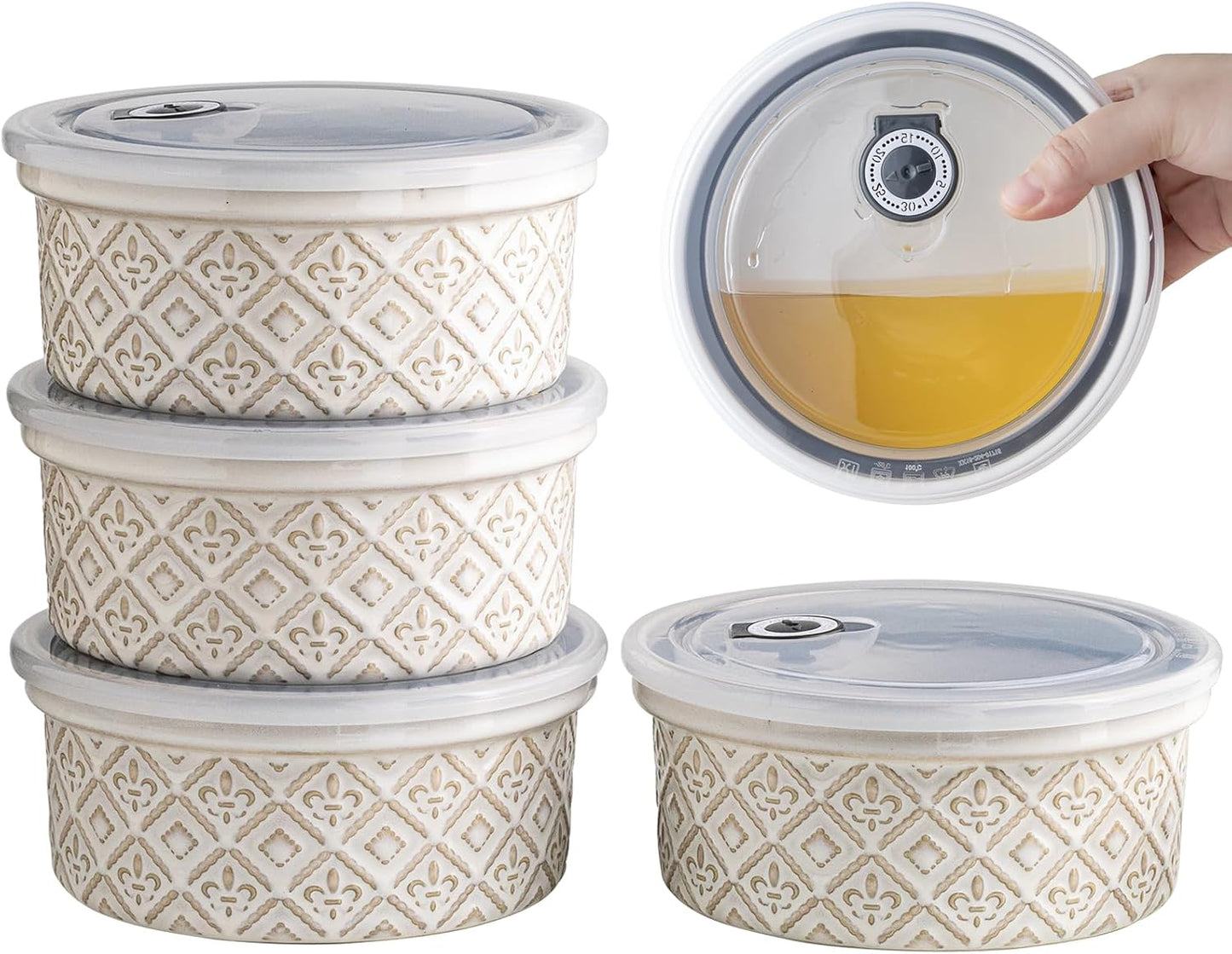 Airtight Food Storage Containers with Lids Mixing Bowls Set, Ceramic Serving Bowls with Lids Set of 4, 12/16/28/40 oz Stackable Nesting Salad Bowls for Cooking, Baking, Ramen - Beige