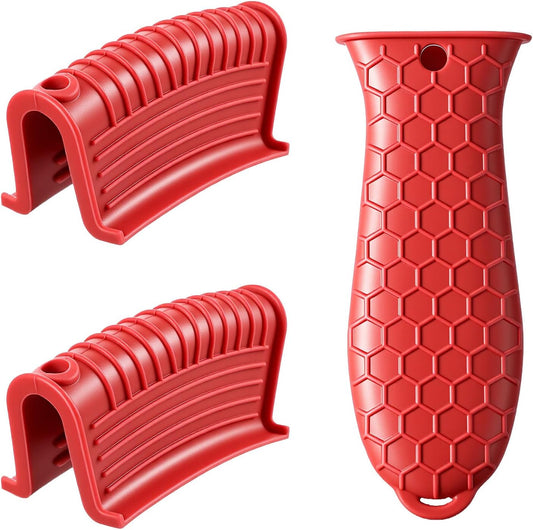 Cast Iron Skillet Handle Covers,3Pcs Heat Resistant Silicone Pot Handles Covers Non-Slip Cast Iron Handle Sleeve for Frying Pans and Griddles Kitchen Supplies(Red)