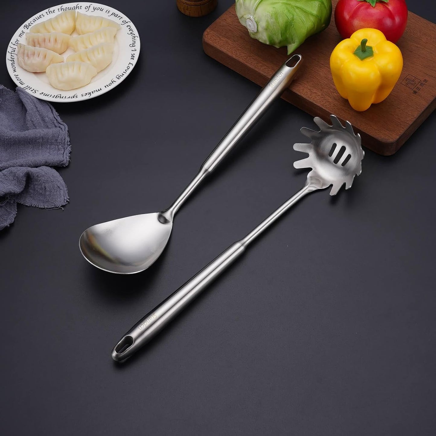 18/10 Stainless Steel Kitchen Utensils Set - 12 PCS All Metal Cooking Tools & 15″ Serving Utensils - Potato Masher, Meat Fork, Tongs, Turner, Pasta, Serving Spoon, Skimmer, Ladle, Spatula Spoon Set
