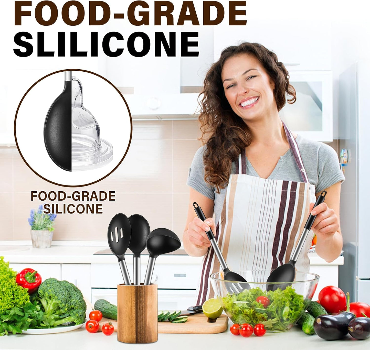 3Pcs Silicone Cooking Spoon Set, Kitchen Utensils Include Solid & Slotted Spoon, Soup Ladle, Food-Grade Heat Resistant 446°F, Non-Scratch Spoons for Serving, Stirring, Draining, Dishwasher Safe, Gray