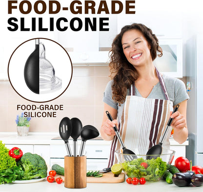 3Pcs Silicone Cooking Spoon Set, Kitchen Utensils Include Solid & Slotted Spoon, Soup Ladle, Food-Grade Heat Resistant 446°F, Non-Scratch Spoons for Serving, Stirring, Draining, Dishwasher Safe, Gray
