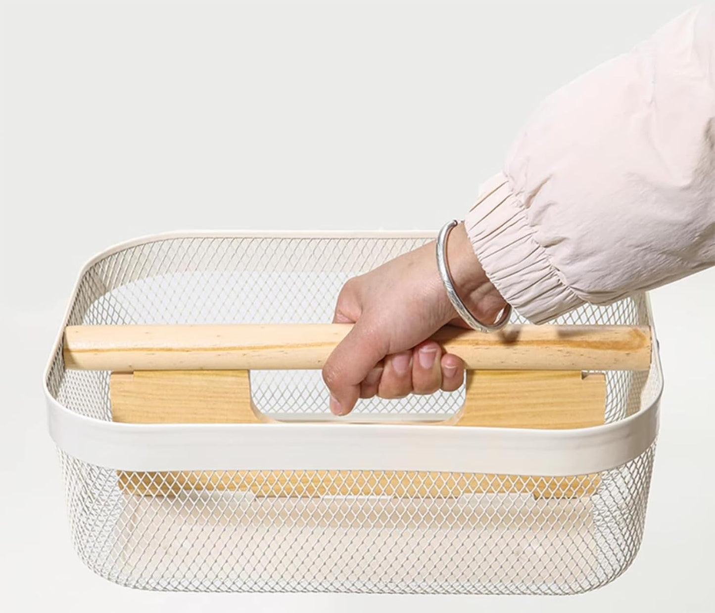 AJIODA Metal Mesh Steel Storage Basket, Garden Harvest Wire Organizer Basket Multi-functional Kitchen Fruit Basket with Wooden Removable Partition & Handle for Bathroom Picnic Decor Cabinet, Grey