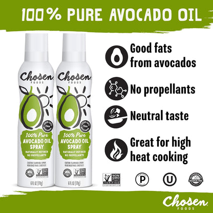Chosen Foods 100% Pure Avocado Oil Spray, Keto Diet Friendly, Kosher Cooking Spray for Baking, High-Heat Cooking and Frying (6 oz, 2 Pack)