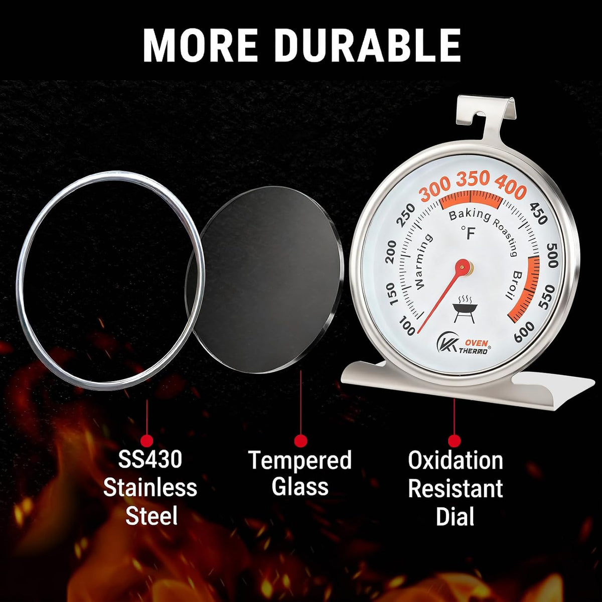 Oven Thermometer 3-Inch Large Dial, 100-600°F, Hook & Stand 2‑Pack