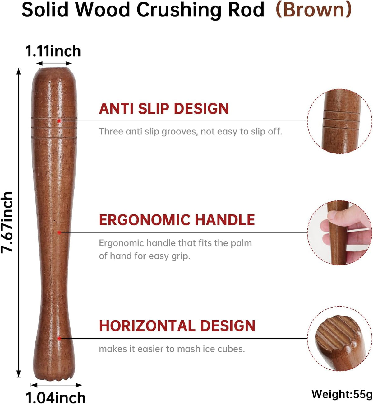 7.6" Brown Wooden Muddler for Cocktails – Durable Wood Ice Crusher – Stylish Wooden Mojito Muddler Bar Tool – Handy Cocktail Muddler- Perfect Masher Kitchen Tool for Garlic Avocado Herbs and Fruits