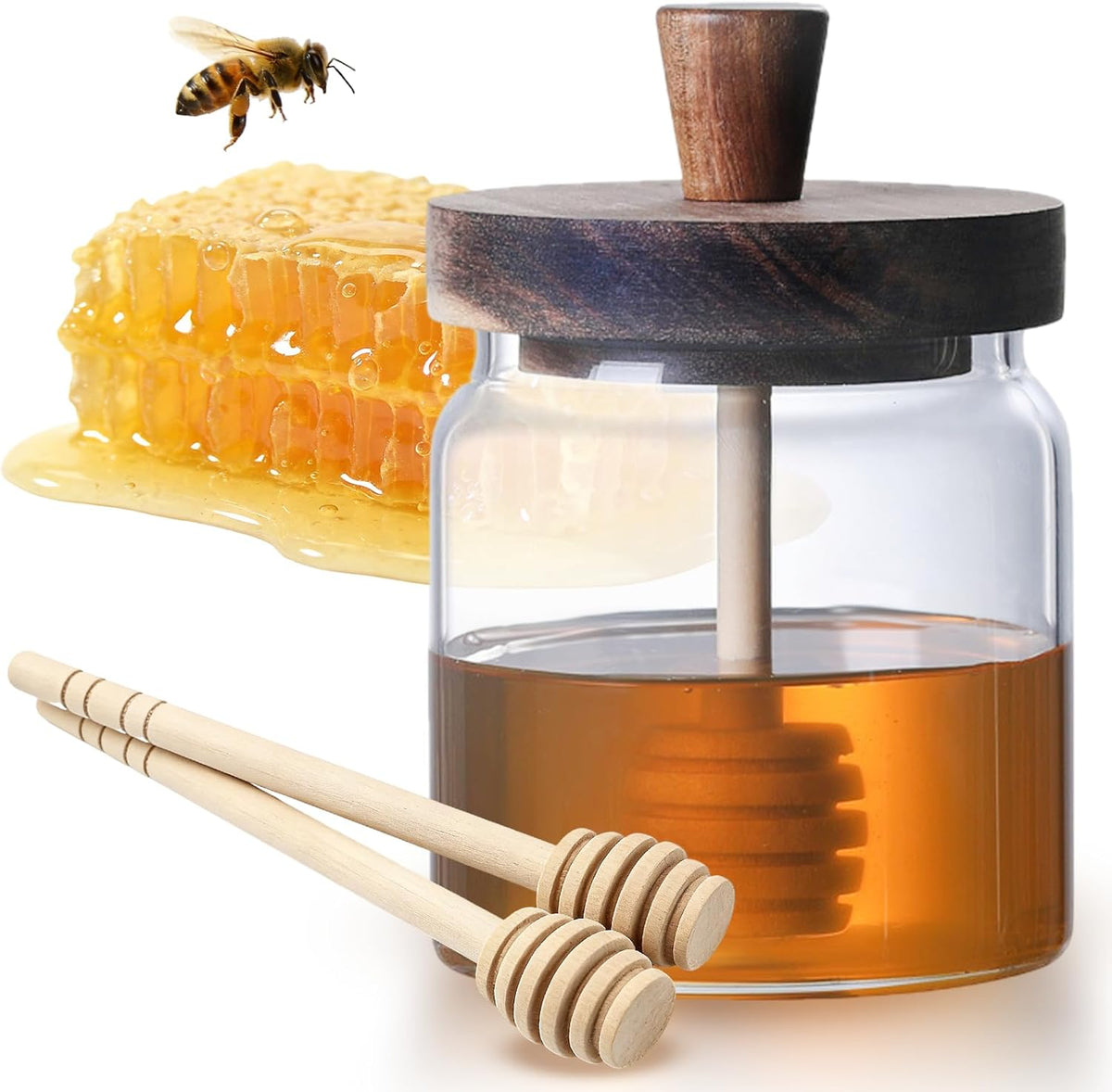 12 Oz Honey Jar with 2 Wooden Dippers and Lid,Honey Pot Dispenser,Clear Glass Honey Container for Home Kitchen,Store Honey and Syrup,Easy to Clean