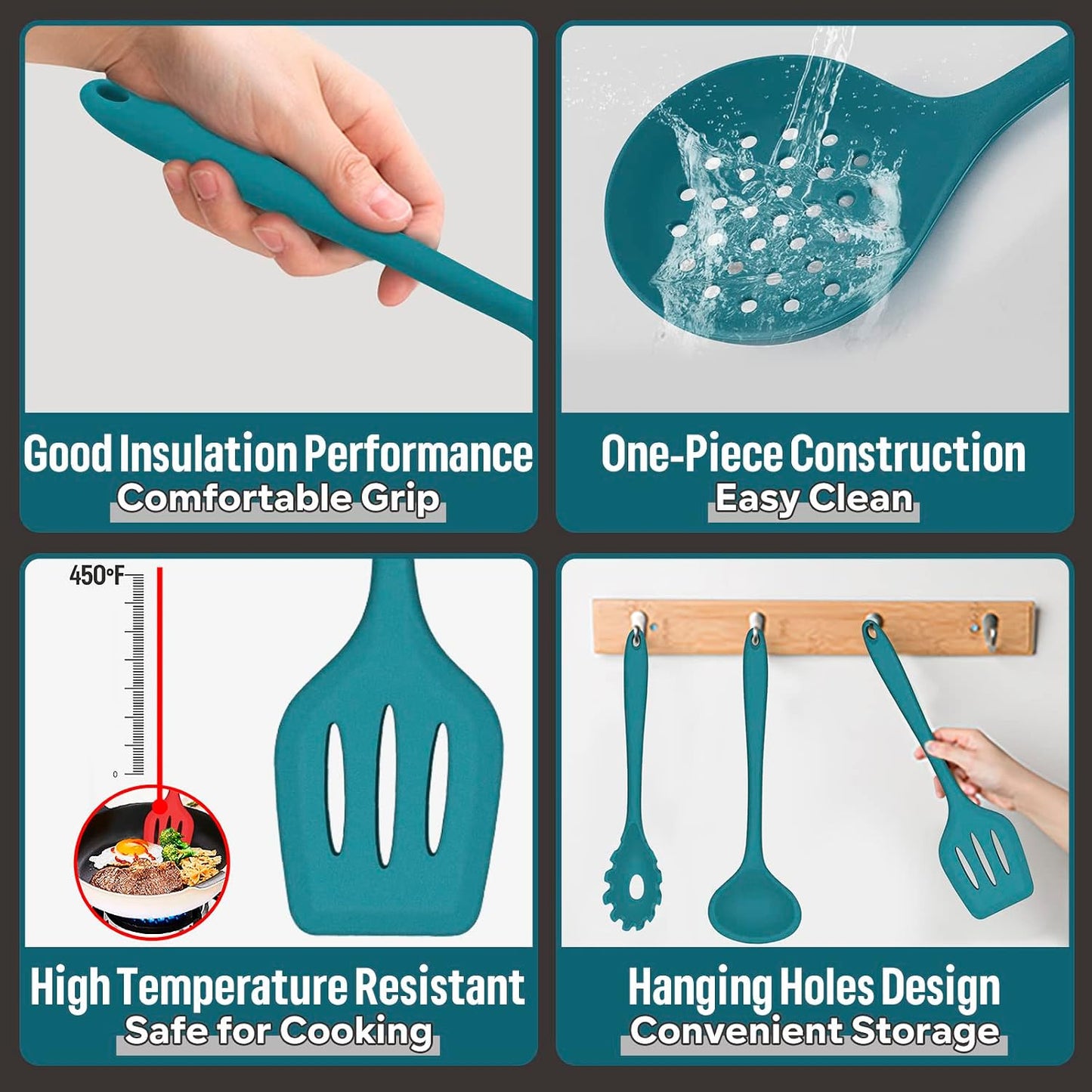 E-far Silicone Cooking Utensils Set, 7-Piece Black Heat Resistant Kitchen Utensils Set, Kitchen Nonstick Tools Spatula Ladle Spoon Pasta Server for Non-stick Cookware, Non-Toxic & Dishwasher safe