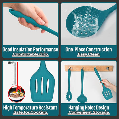 E-far Silicone Cooking Utensils Set, 7-Piece Black Heat Resistant Kitchen Utensils Set, Kitchen Nonstick Tools Spatula Ladle Spoon Pasta Server for Non-stick Cookware, Non-Toxic & Dishwasher safe