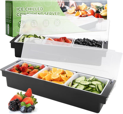WICHEMI Fruit, Veggie & Condiment Caddy with Lid Dispenser Tray Plastic Garnish Station for Bartending & Serving Taco, Ice Cream, Salad Bar - Topping Organizer for Restaurant Supplies (3 Compartment)