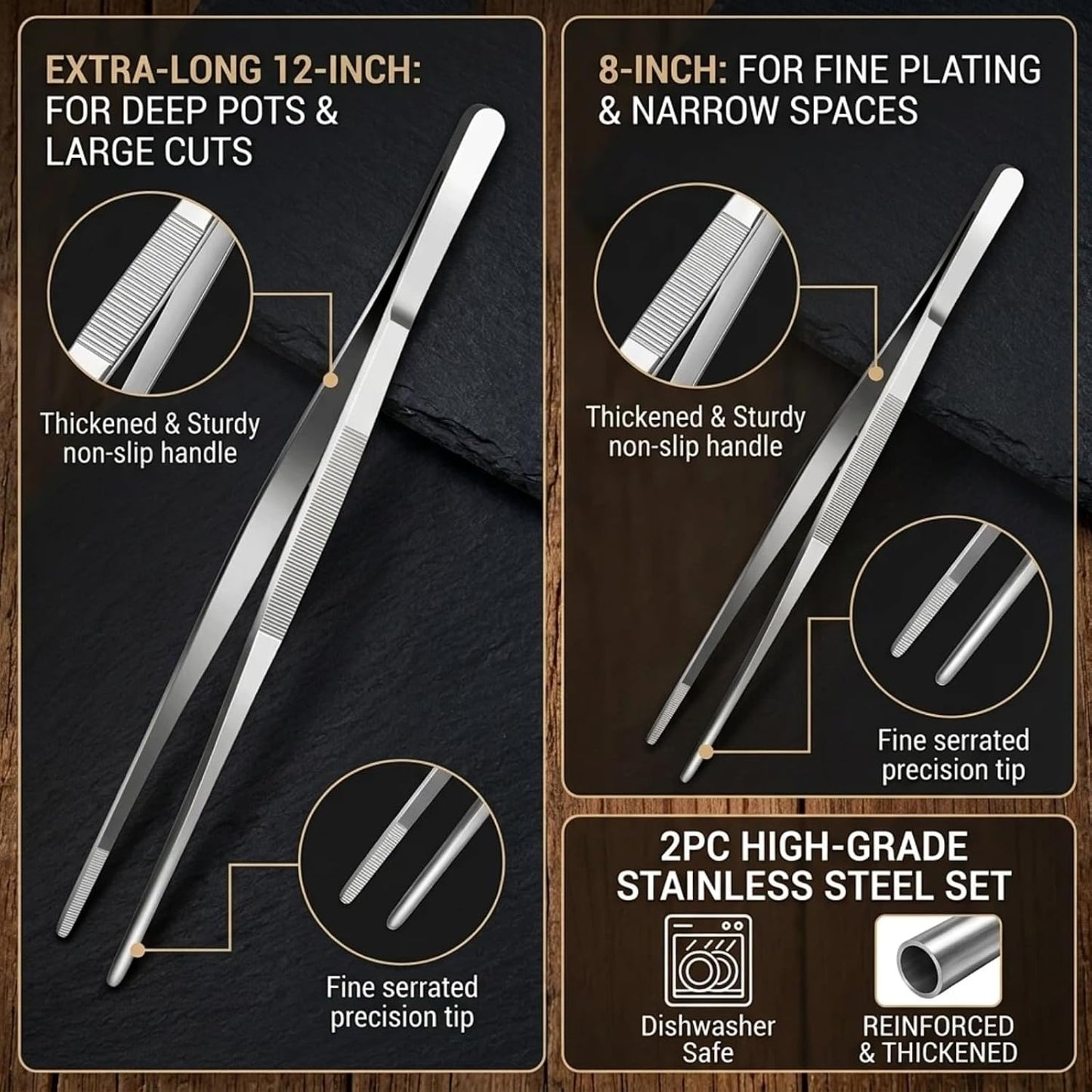 Heavy Duty 2 PC Kitchen Tweezers Tongs Metal 12 & 8 Inch Fine Tweezer Tongs, Extra-Long Stainless Steel Cooking Tweezers for Cooking, Repairing, Sea food and BBQ