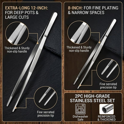 Heavy Duty 2 PC Kitchen Tweezers Tongs Metal 12 & 8 Inch Fine Tweezer Tongs, Extra-Long Stainless Steel Cooking Tweezers for Cooking, Repairing, Sea food and BBQ