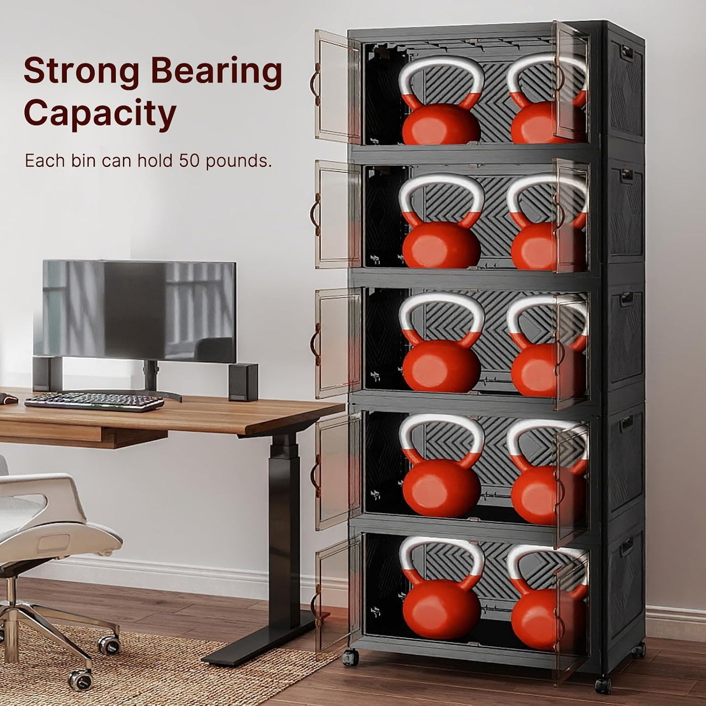 UAMFURI 720QT Stackable Storage Bins with Lids, Extra Large Storage Cabinet with Doors and Wheels, Collapsible Plastic Storage Box for Bedroom Dorm Office Garage