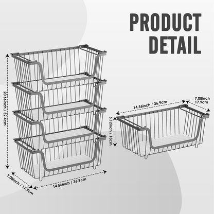 GAOKASE 4 Pcs Stackable Wire Baskets for Pantry Organizers and Storage,Vegetable Fruit Basket for Countertop,Kitchen Storage Metal Baskets,Produce Potato Onion Storage Bin-Black
