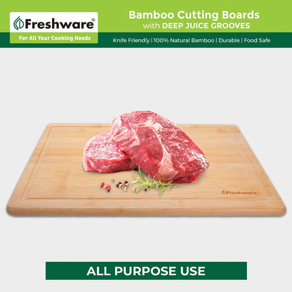 Freshware Wood Cutting Boards for Kitchen - Bamboo Cutting Board Set of 3, Cutting Boards with Juice Grooves, Serving Board Set, Chopping Board for Meat, Veggie, Easy Grip Handle (9x6", 12x8", 15x10")