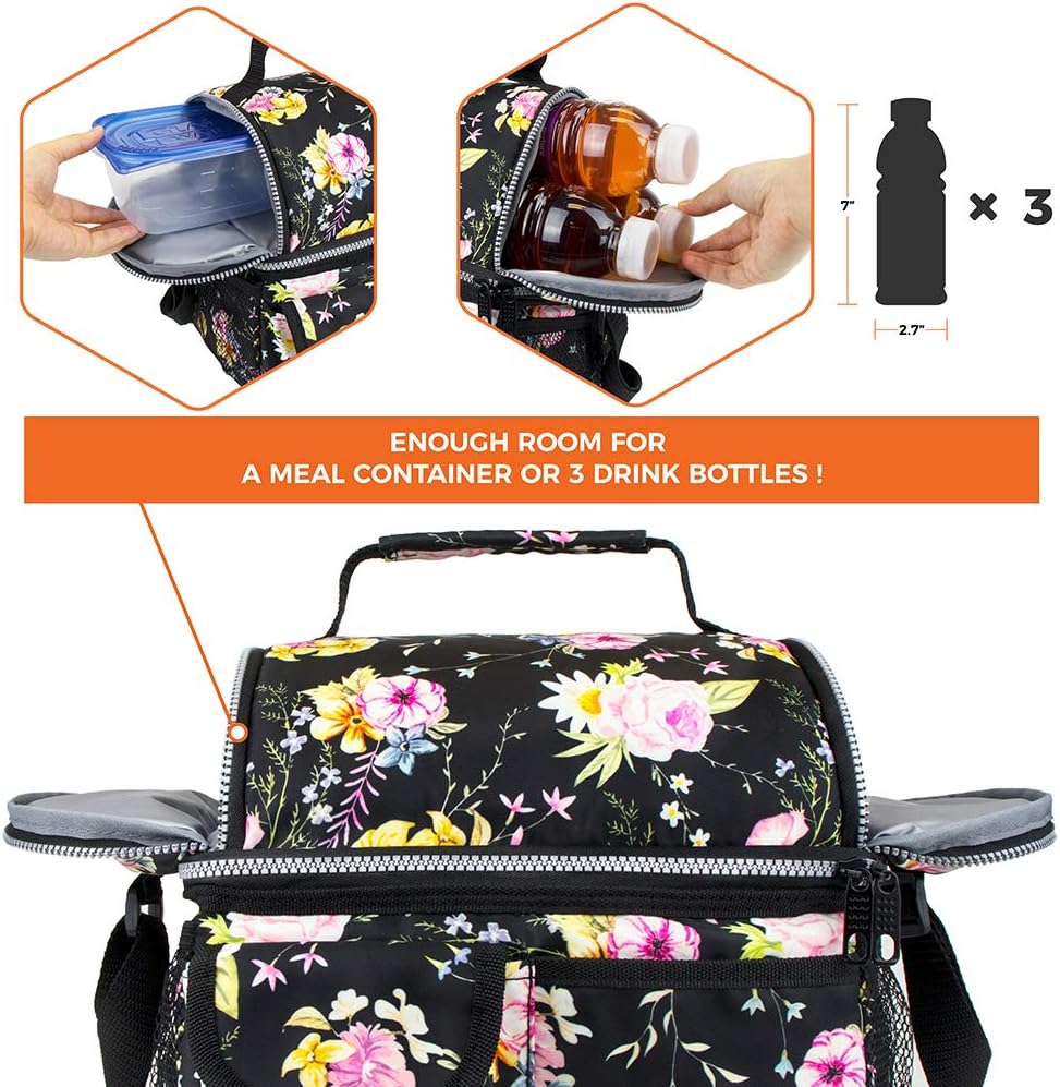 opux Insulated Lunch Bag Women Men, Dual Compartment Leakproof Lunch Box Adults Kids, Double Decker Meal Prep Bento Lunch Cooler Tote with Shoulder Strap for Work Office School Travel, Floral Purple